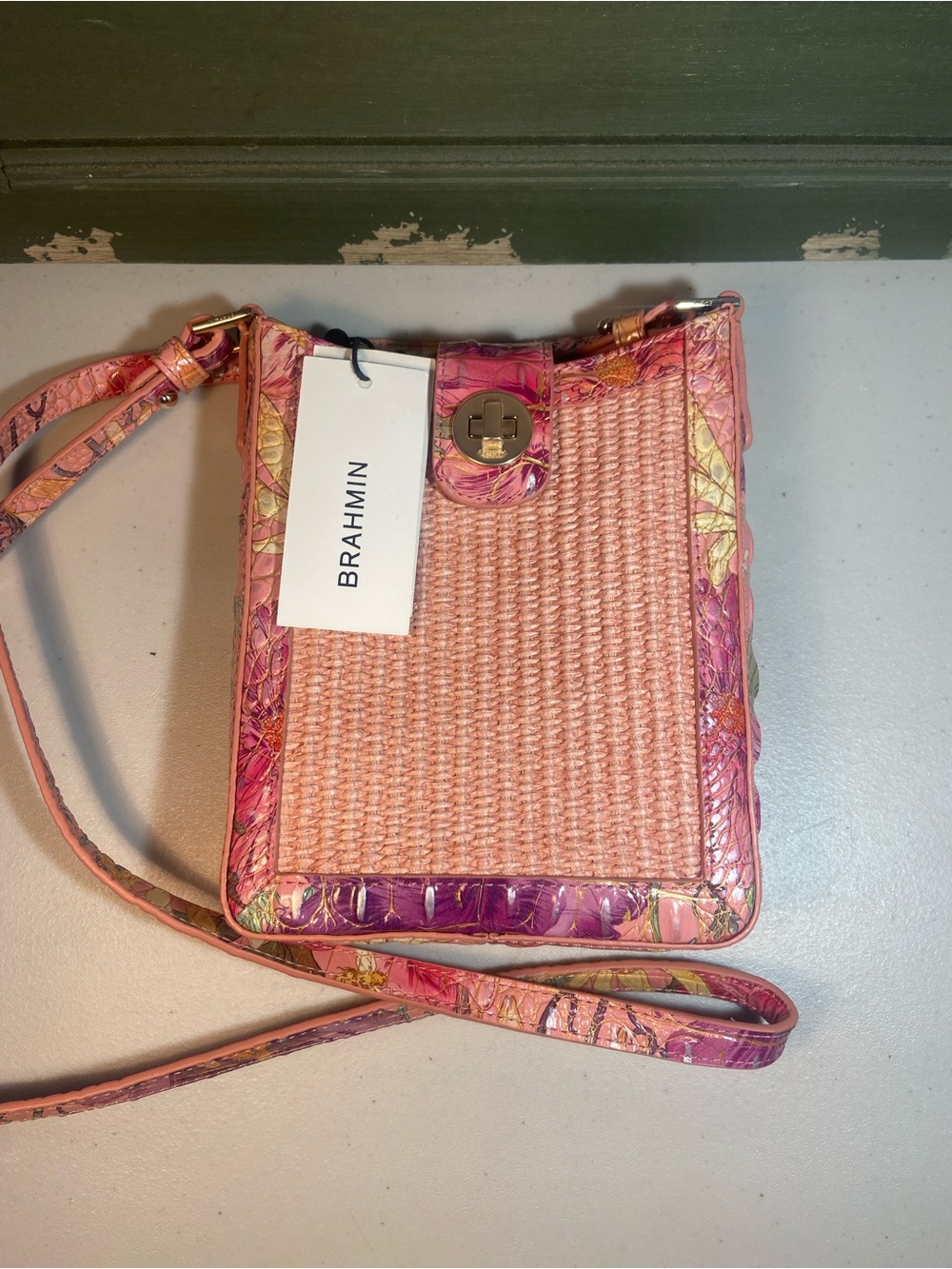 Brahmin Pink Woven Crossbody with Floral Trim